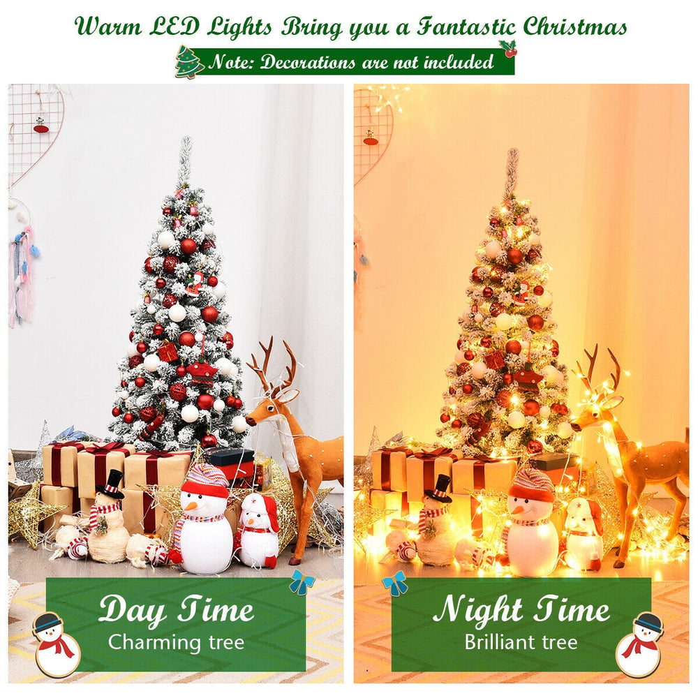 4.5 feet pre-lit snow flocked pencil Christmas tree with 150 LED lights, perfect for small spaces and festive decor.