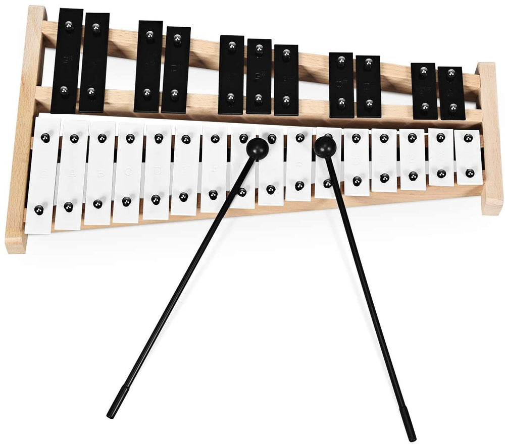 27-note glockenspiel xylophone with rubber mallets, sturdy wood frame, ideal for music teaching and performances.