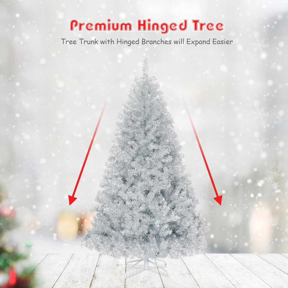 6 feet silver tinsel Christmas tree with hinged branches for easy assembly, perfect for indoor and outdoor holiday.