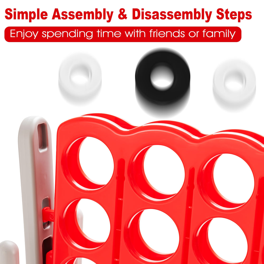 Jumbo 4 to Score game set with red frame and rings, designed for easy assembly and outdoor fun with family and friends.
