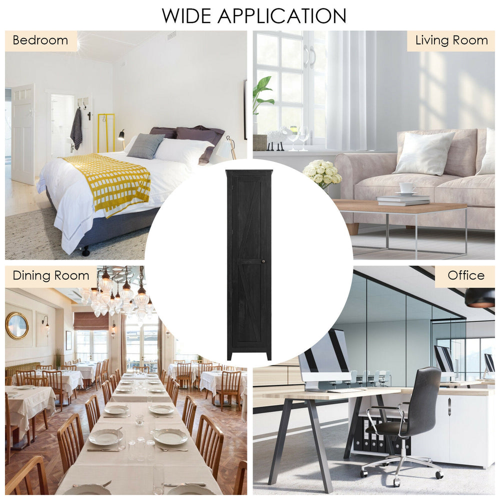Slim black linen tower storage cabinet with a smooth surface, perfect for modern home decor in any room.
