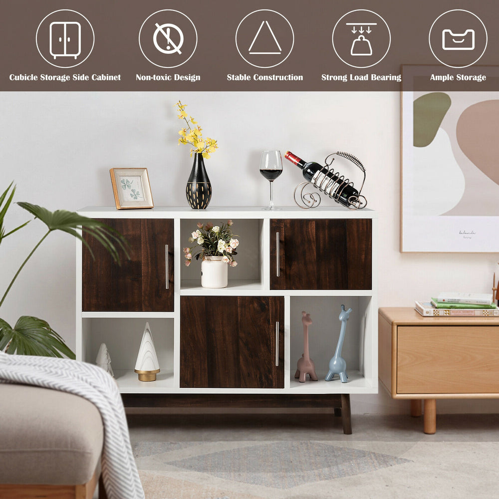 Wood display sideboard storage cabinet with 6 compartments, espresso grained doors, perfect for modern home.