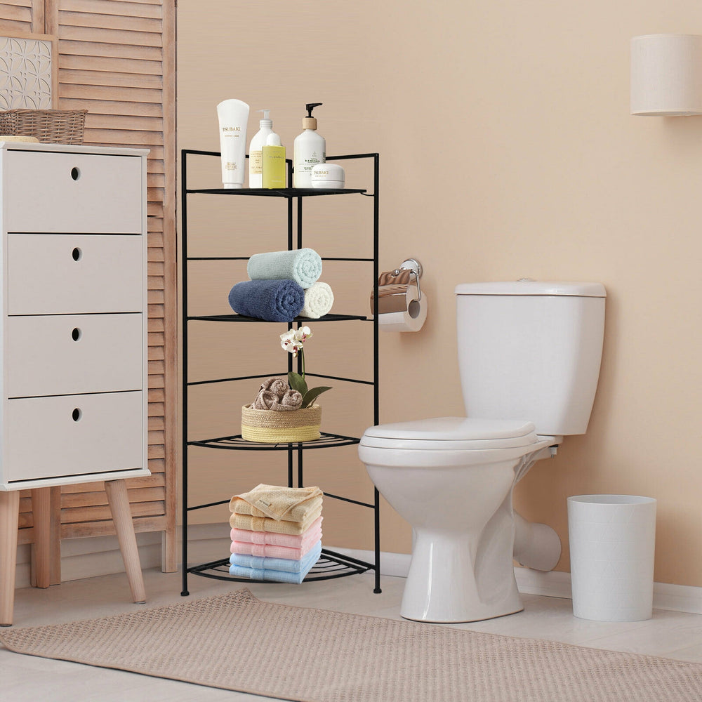 4-tier folding metal shelf with a heavy-duty steel frame, perfect for plant display and storage in any corner.