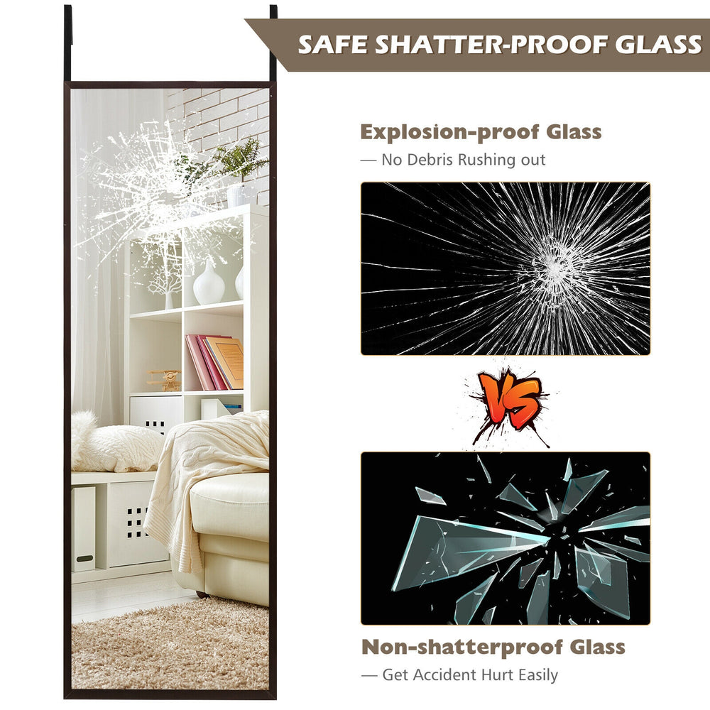 Full-length metal door mirror with adjustable hooks, shatter-proof glass, perfect for wall mounting or door hanging.