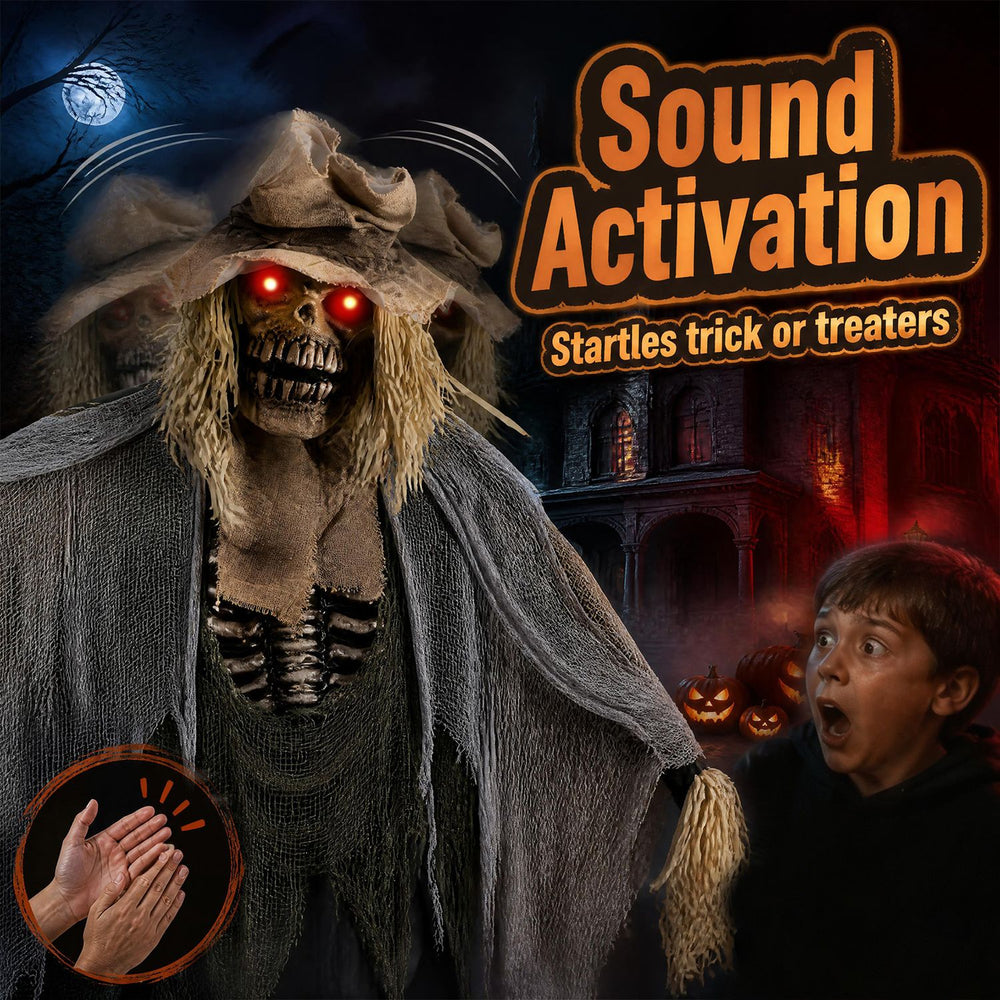Life-size 7.3 FT Halloween animated scarecrow decoration with glowing eyes and sound activation for spooky outdoor scenes.