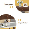 Mid-century nightstand featuring a large drawer and open shelves, crafted from engineered wood with rubber wood legs.