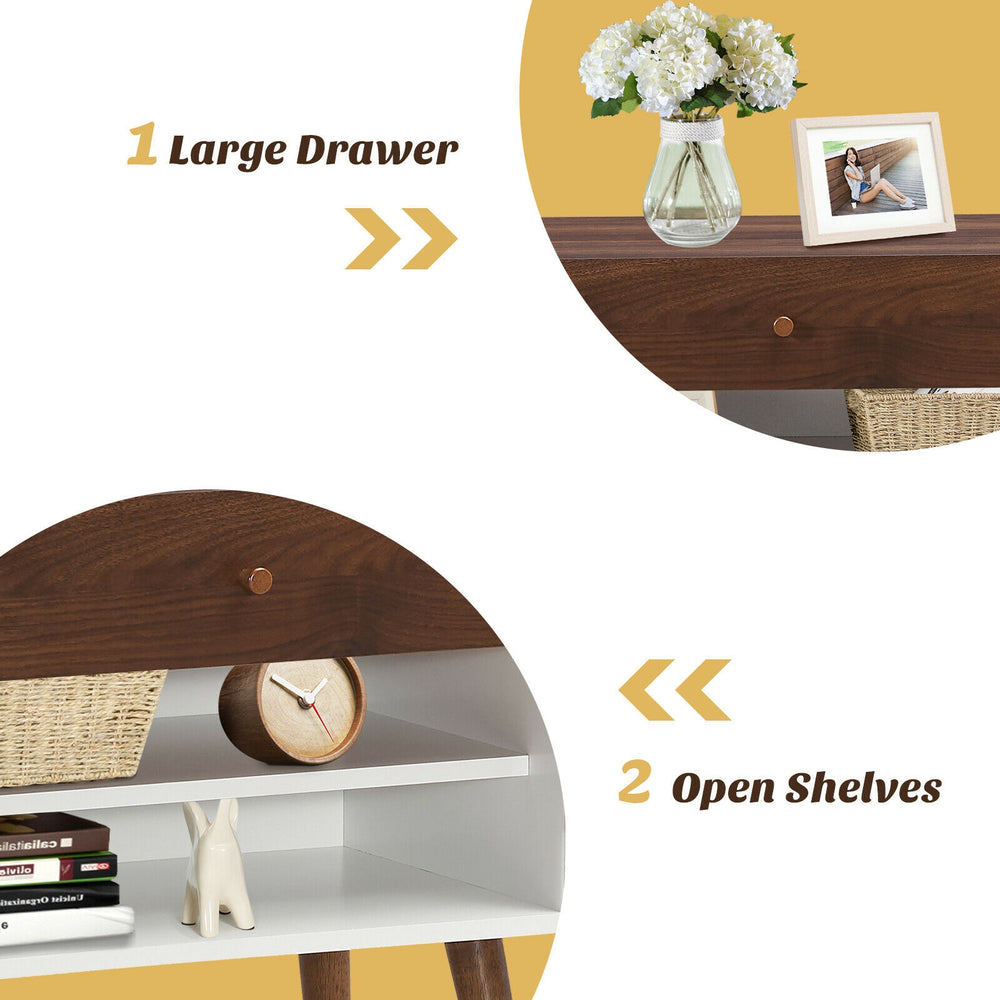 Mid-century nightstand featuring a large drawer and open shelves, crafted from engineered wood with rubber wood legs.