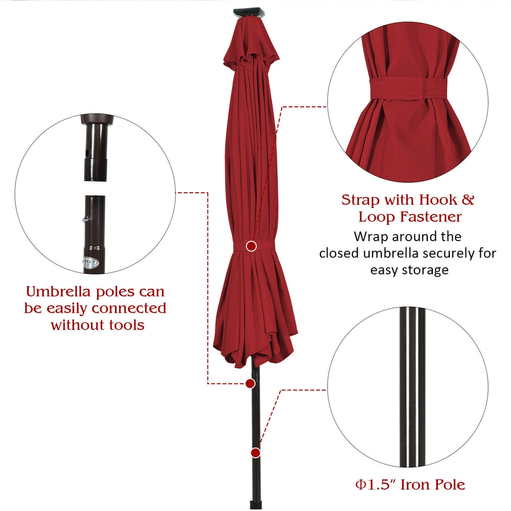 Dark red patio umbrella with a 1.5" iron pole, featuring a hook and loop fastener for easy storage and tilt adjustment.
