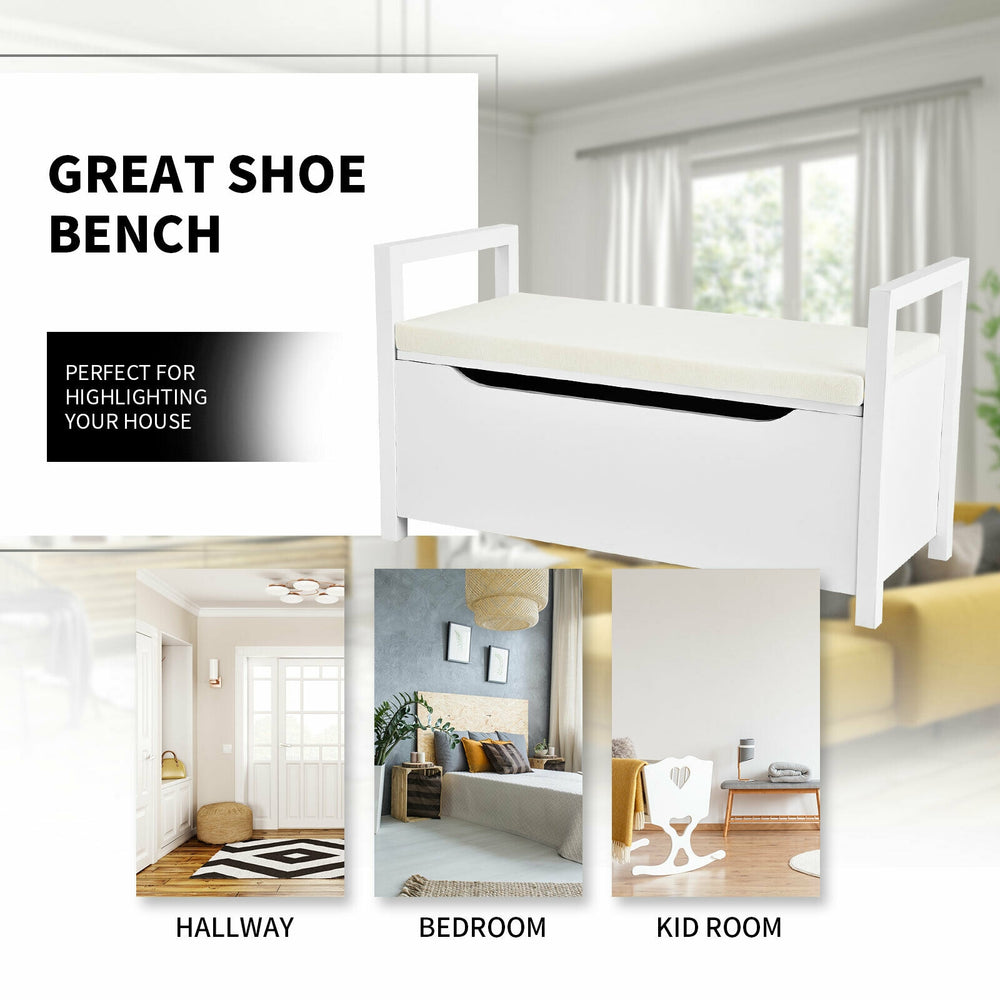 Shoe storage bench with removable cushion seat in white, ideal for entryway and hallway organization.