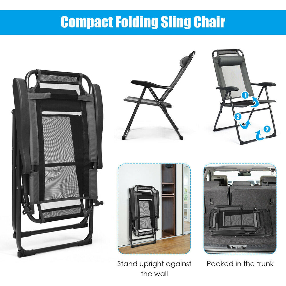 Compact gray folding sling chair with adjustable backrest, perfect for outdoor relaxation and easy transportation.