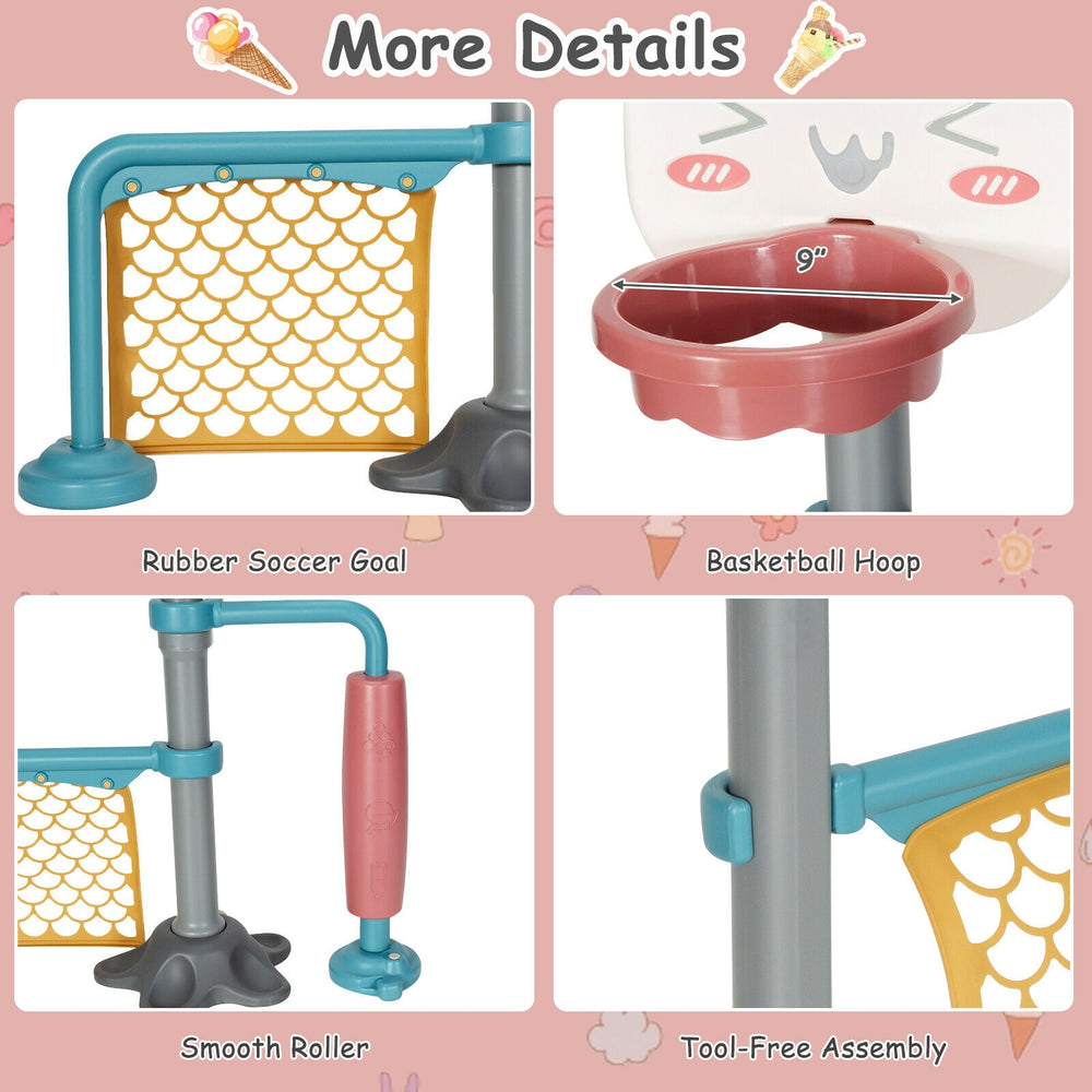 Height adjustable 3-in-1 basketball stand set with soccer goal and roller, made of ASTM certified PE material for kids.