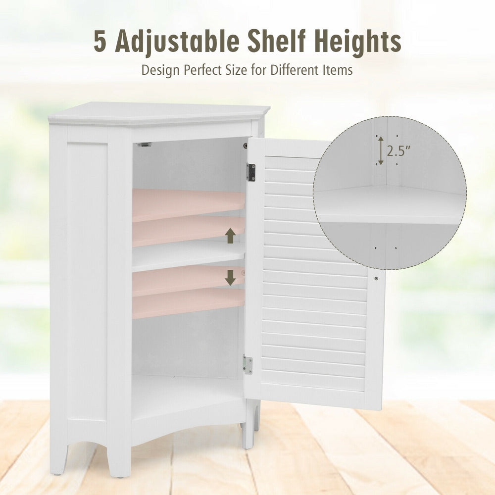 Corner storage cabinet with shutter door, featuring 5 adjustable shelves for versatile storage in small spaces.
