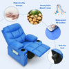 Kids recliner chair in blue with cup holders, high-density sponge padding, and waterproof PU leather for comfort.