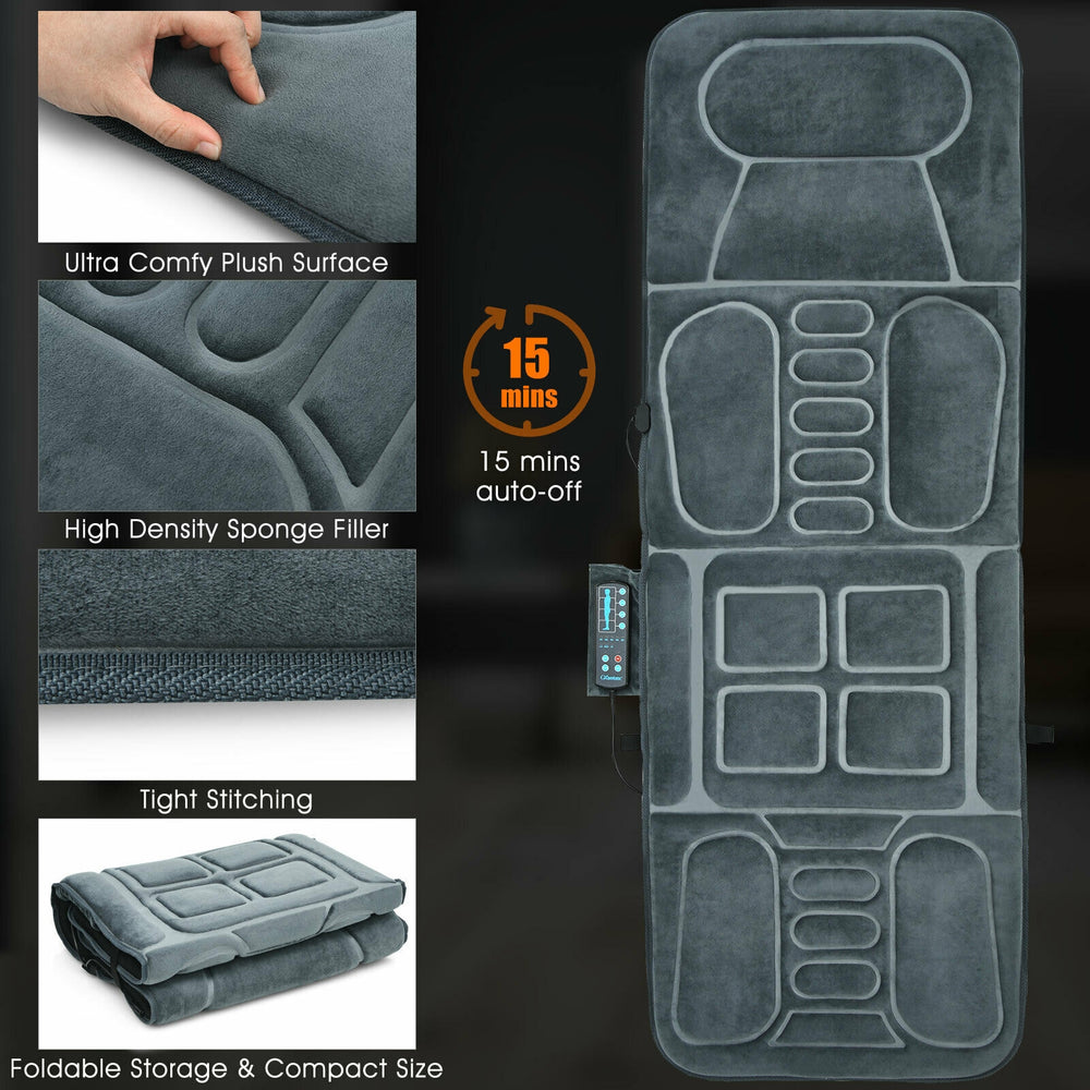 Foldable massage mat with plush surface, 10 vibration motors, and lumbar heat therapy for muscle relief and relaxation.