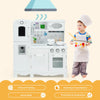 White kitchen pretend play cookware set for kids, featuring a water dispenser, promoting creativity and hand-eye.