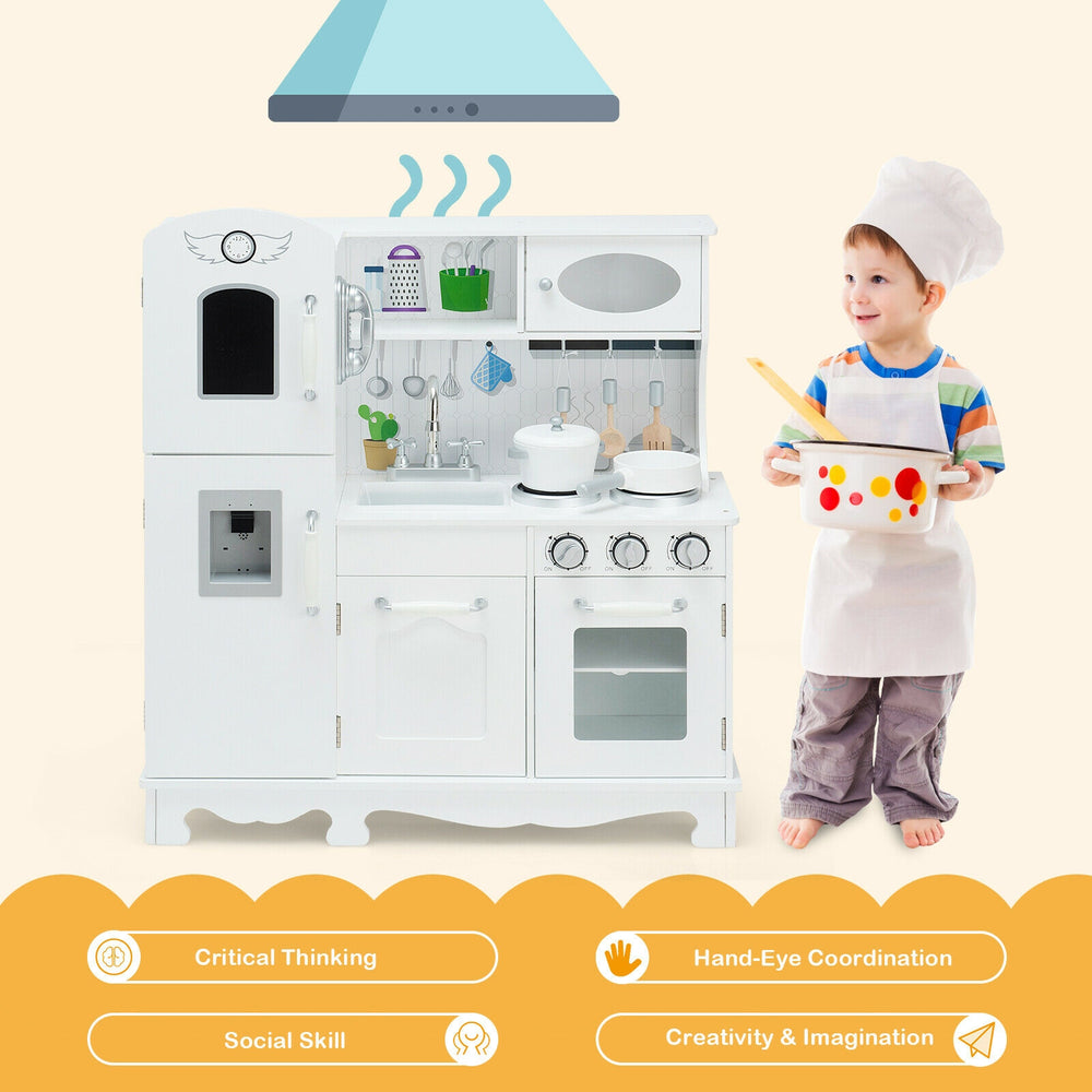White kitchen pretend play cookware set for kids, featuring a water dispenser, promoting creativity and hand-eye.