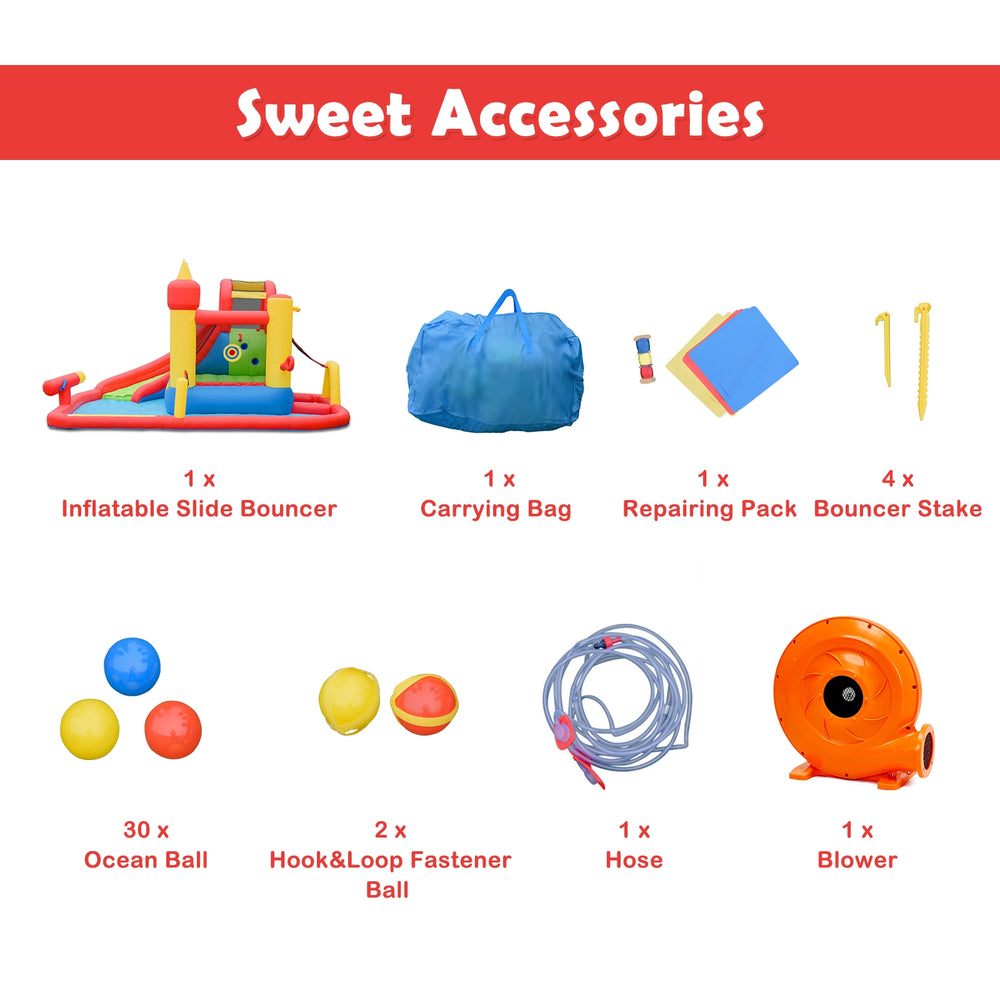 Inflatable water slide bounce house with 740 W blower, climbing wall, splash pool, and 30 ocean balls for summer fun.