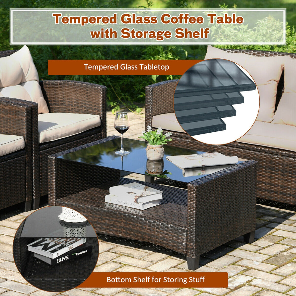 Tempered glass coffee table with a storage shelf, featuring durable PE rattan, ideal for outdoor patio use.