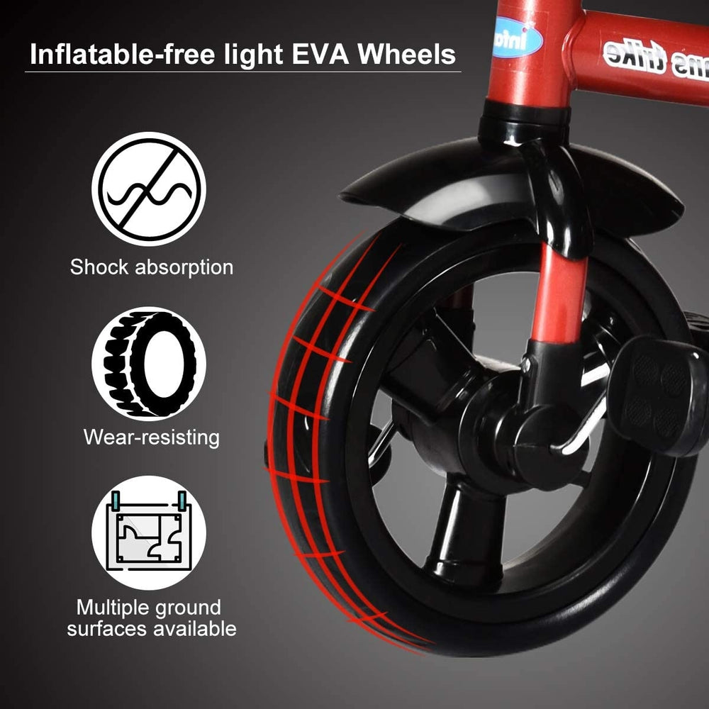 Close-up of the inflatable-free light EVA front wheel of a red 4-in-1 kids tricycle, showcasing shock absorption and.