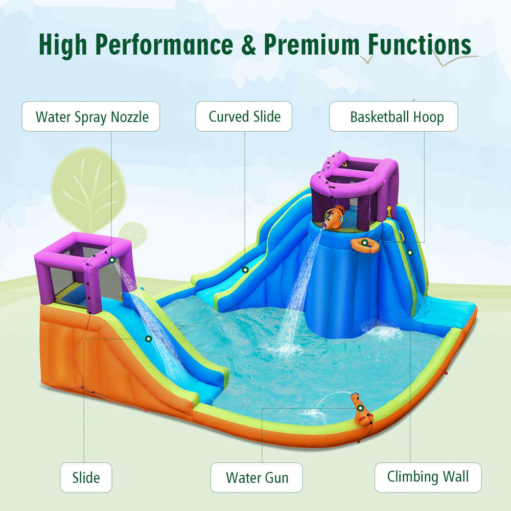 Inflatable dual water slide bounce house with curved slide, water guns, and climbing wall for summer fun.