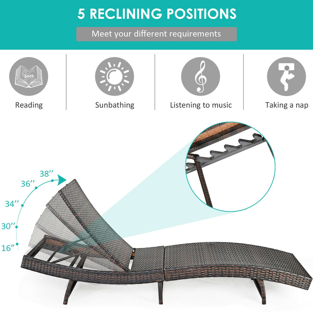 Adjustable rattan chaise lounge chair with turquoise cushion, featuring 5 reclining positions for outdoor relaxation.