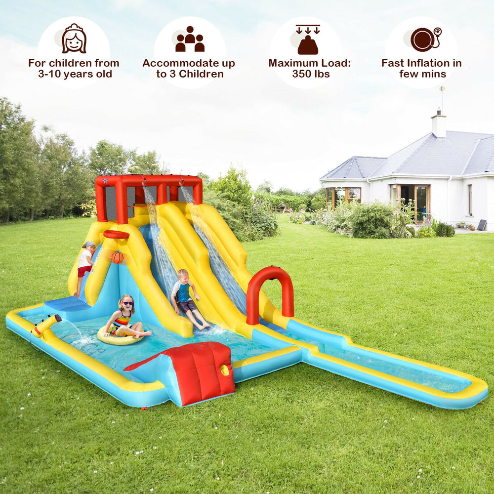 Inflatable dual slide water park with pool, slides, and basketball hoop for kids aged 3-10, made of durable Oxford.