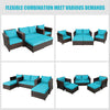 Versatile arrangement of a 5-piece patio furniture set in turquoise, showcasing two single sofas and an ottoman for.