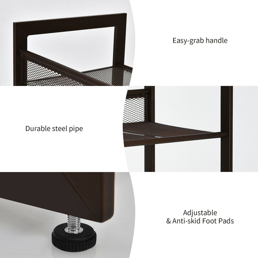 Close-up of the 4-tier metal shoe rack showing adjustable foot pads and easy-grab handle for stable storage.