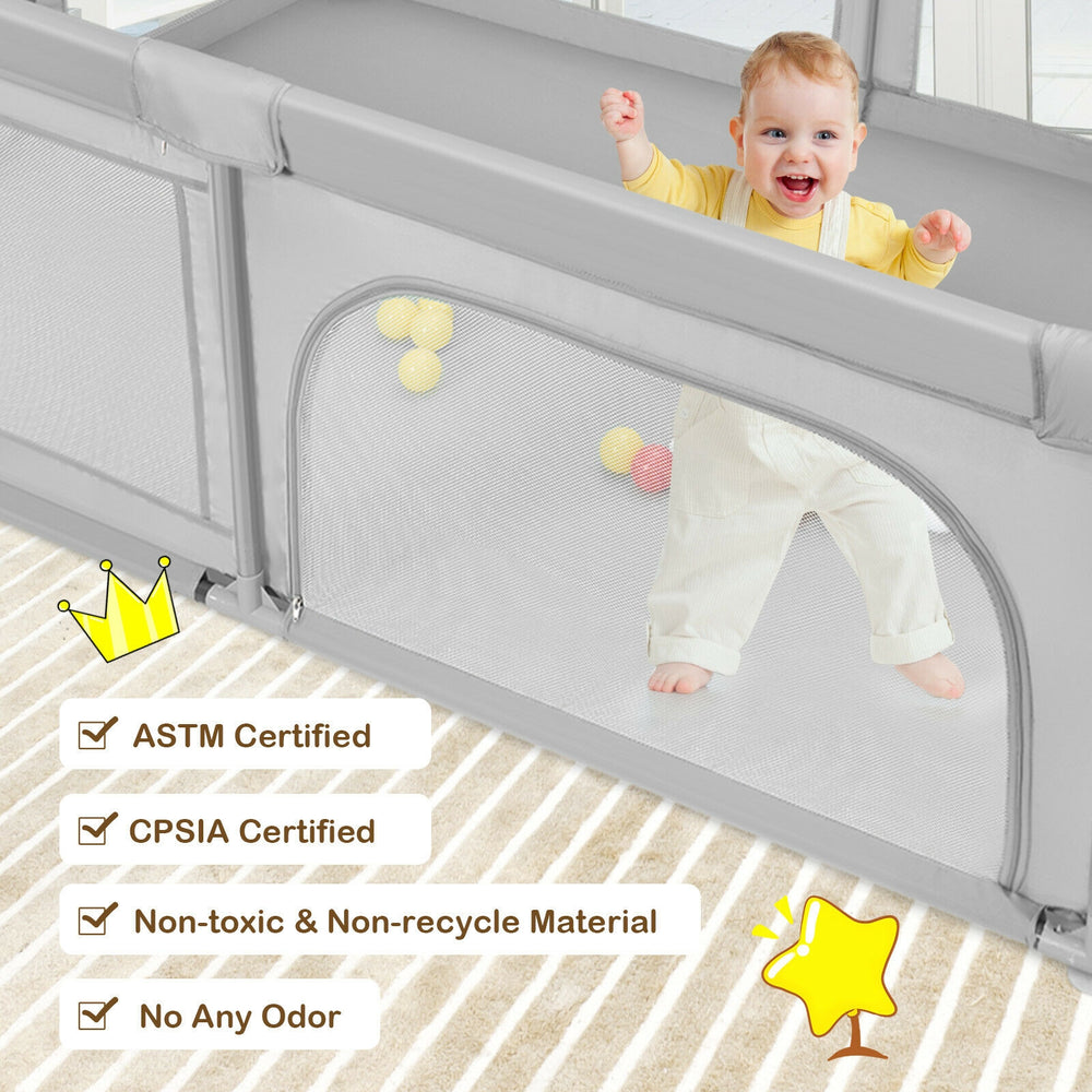 Extra-large gray safety baby fence with breathable mesh, 50 ocean balls, and ASTM certified non-toxic material for.