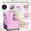 Kids leather recliner chair in pink with adjustable backrest, armrests, and side pockets for comfort and practicality.