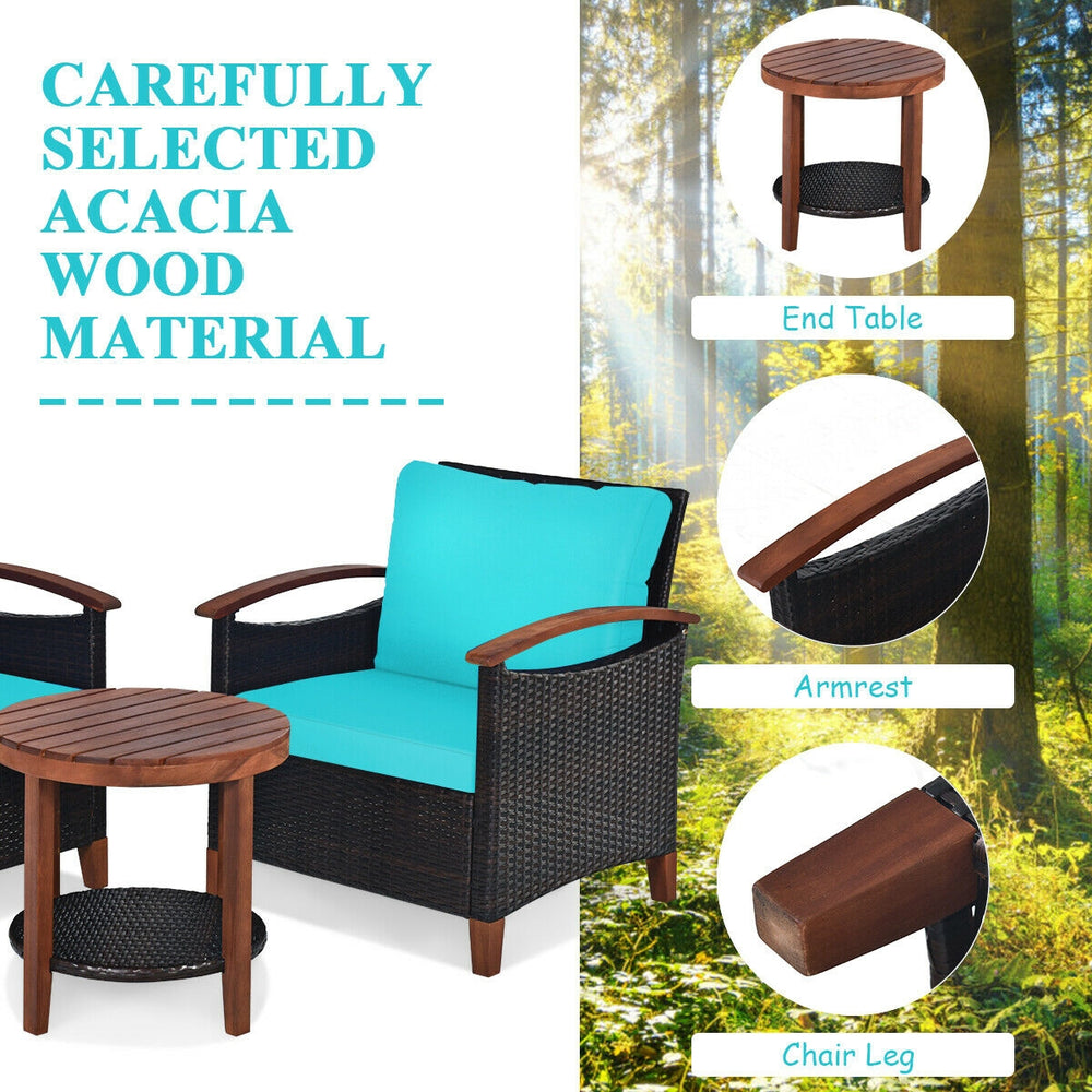 Turquoise cushion patio chair with acacia wood frame and rattan design, perfect for outdoor relaxation in gardens or.