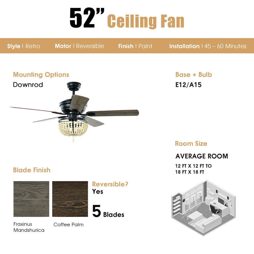 52-inch retro ceiling fan with reversible blades in coffee palm finish, featuring a beads lampshade for stylish home.