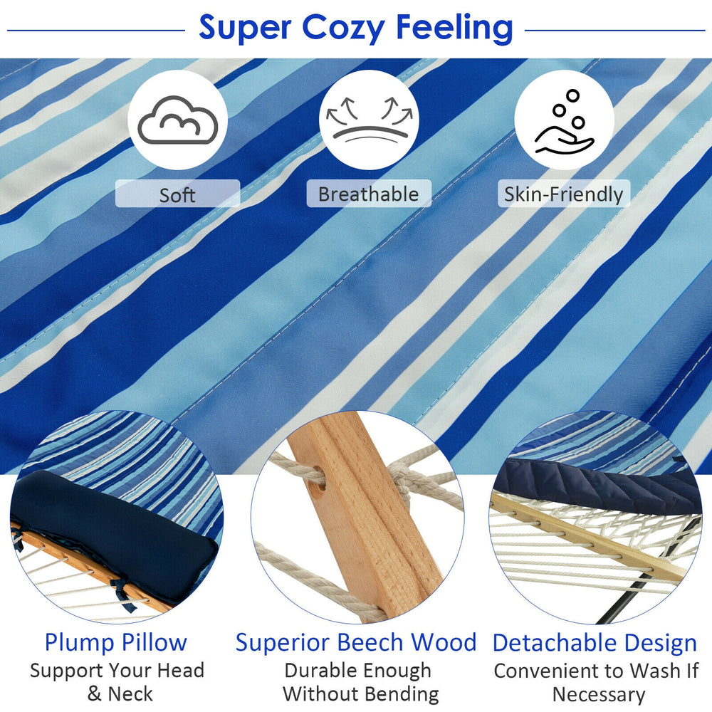 Hammock chair set with soft cotton fabric, durable beech wood, and plump pillow for indoor or outdoor relaxation.