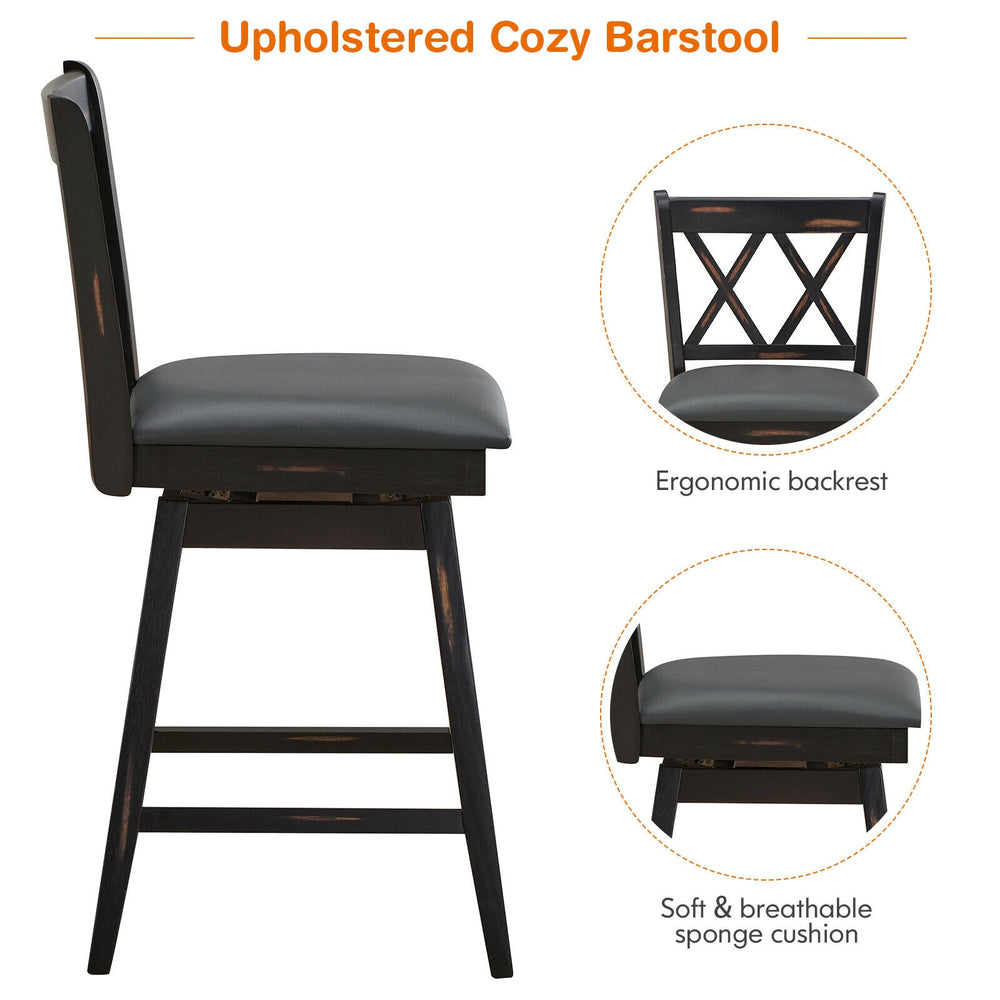 Black 24-inch swivel barstool with rubber wood legs, ergonomic backrest, and soft sponge cushion for comfort.
