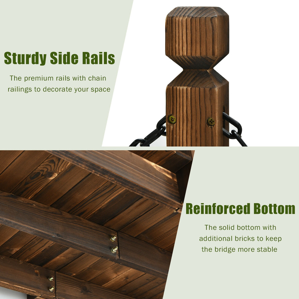 Sturdy side rail detail of the 5 feet wooden garden bridge with chain railings for enhanced safety and rustic charm.