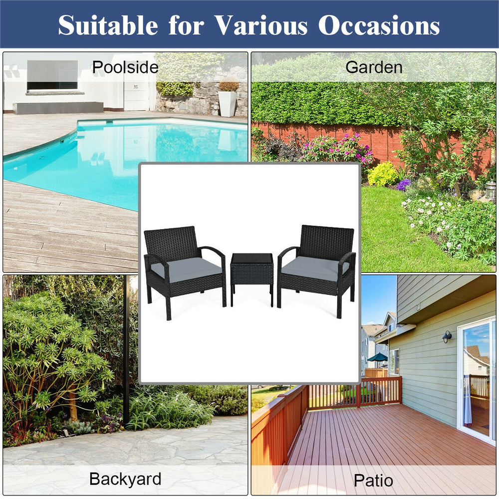 3-piece outdoor rattan patio conversation set with gray cushions, ideal for backyard, poolside, or garden relaxation.