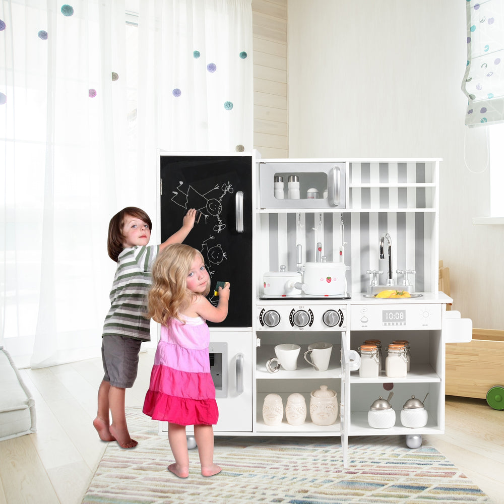 Kids play with a wooden kitchen set featuring a refrigerator, stove, and sink, enhancing creativity and role-play.