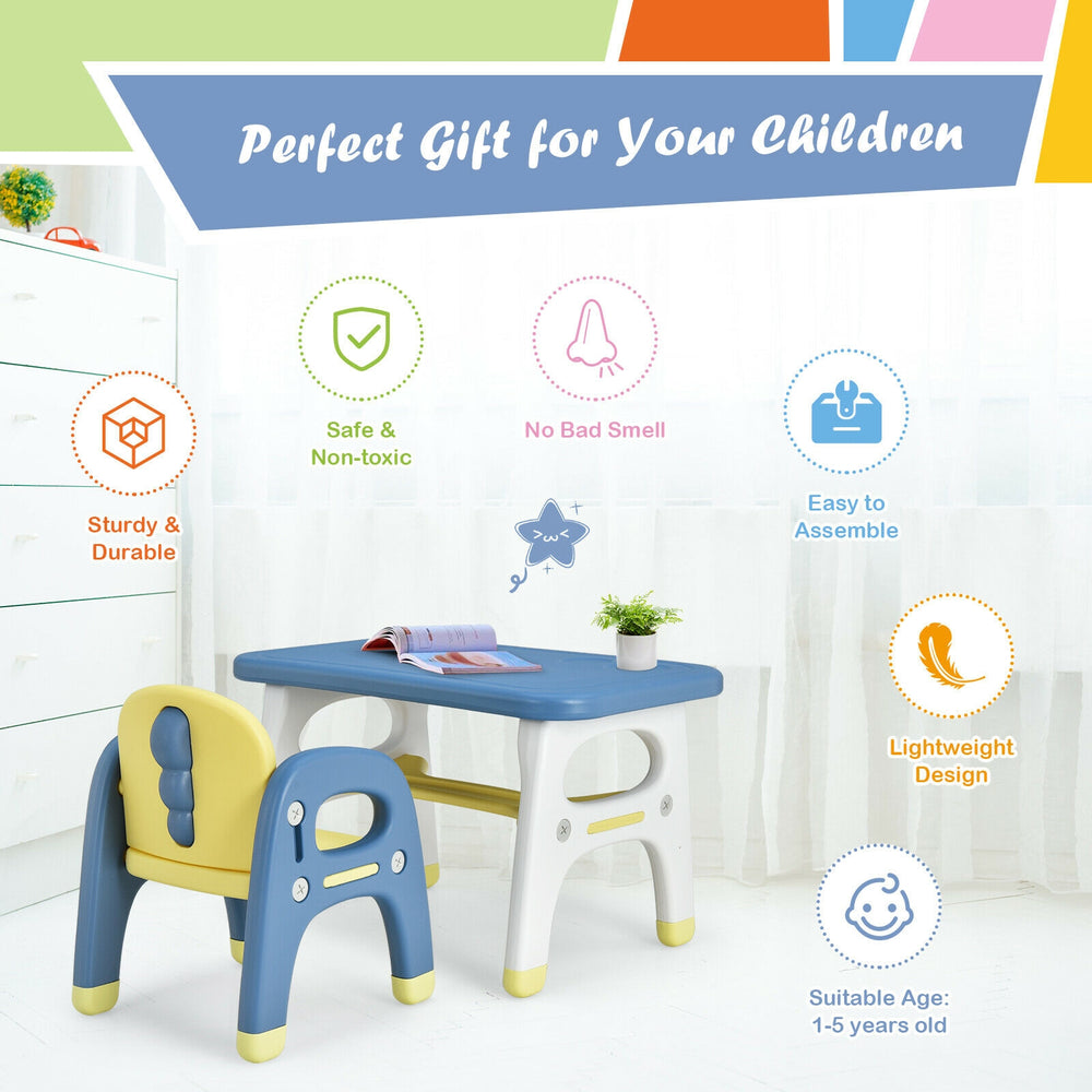 Kids activity table and chair set in blue, featuring a dinosaur design, perfect for preschool play and learning.