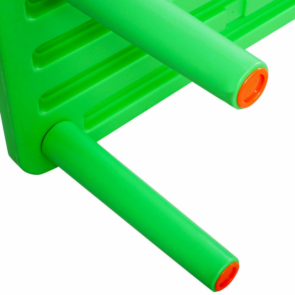 Bright green legs of a kids portable plastic activity table, ideal for learning and play in homes and schools.