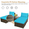 Cushioned armless sofa from the 5-piece patio rattan furniture set in turquoise, ideal for outdoor relaxation.