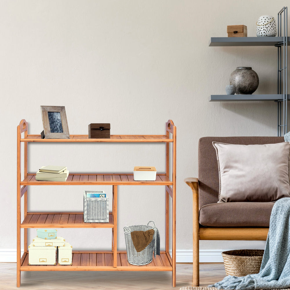 Bamboo storage shoe rack with side handles and smooth surfaces, perfect for stylish organization in any room.