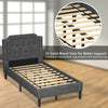 Linen twin upholstered platform bed with button-tufted headboard and 10 solid wood slats for enhanced support.