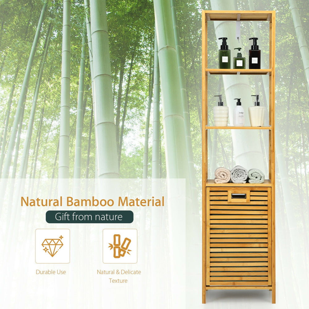 Bamboo tower hamper organizer with 3-tier storage shelves, eco-friendly design for laundry and household items.