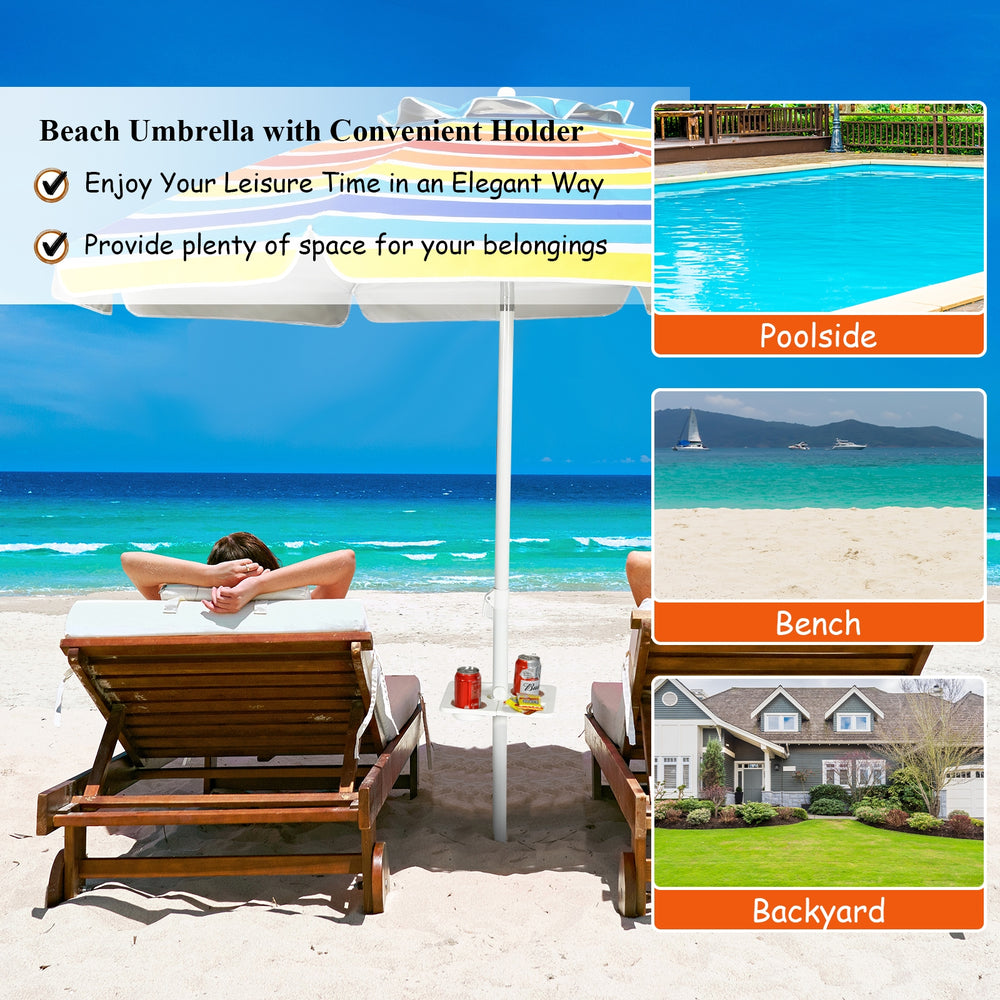 7.2ft portable beach umbrella with sand anchor, tilt mechanism, and multi-purpose holder for poolside relaxation.