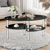 Stylish black oval coffee table with tempered glass top and two shelves, perfect for magazines and decorative items.