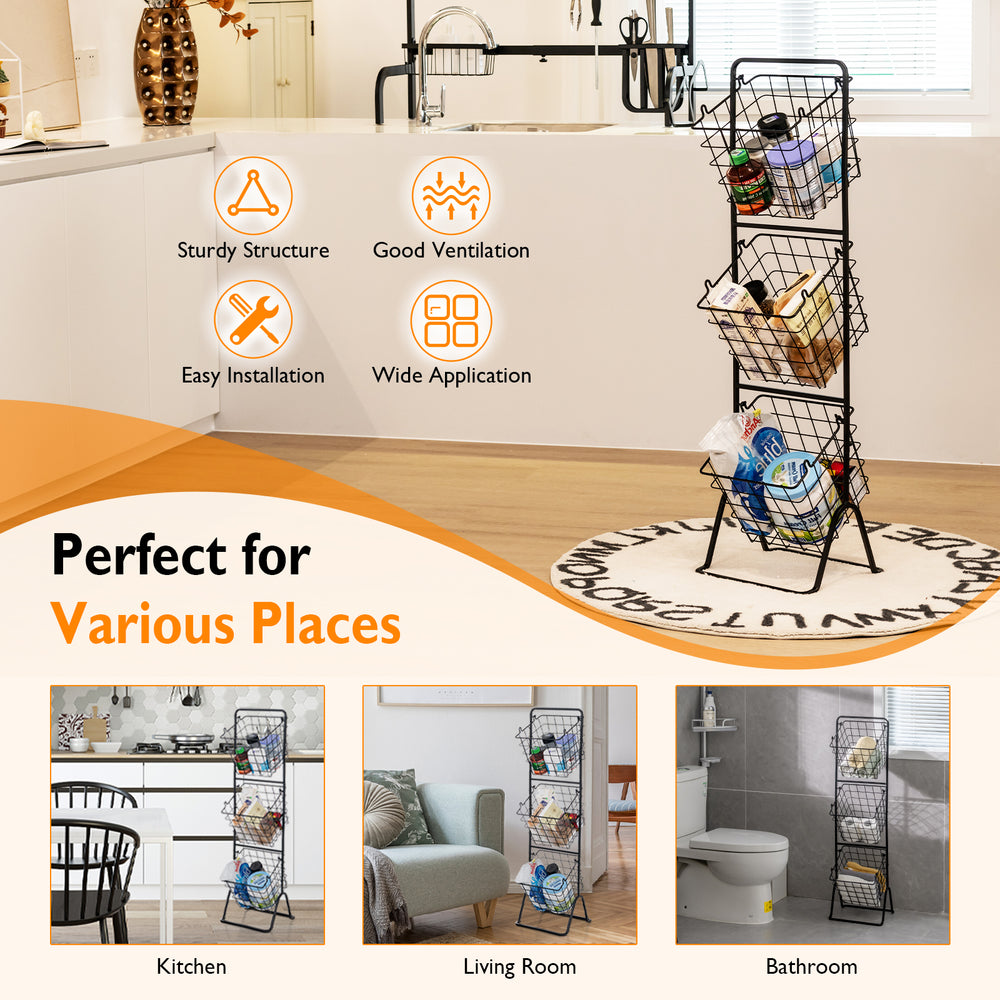 3-tier fruit basket stand with adjustable heights, made of steel, perfect for organizing snacks and vegetables in the.