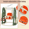 Height-adjustable swing with safety harness, part of a 6-in-1 toddler slide and swing set for active play and.