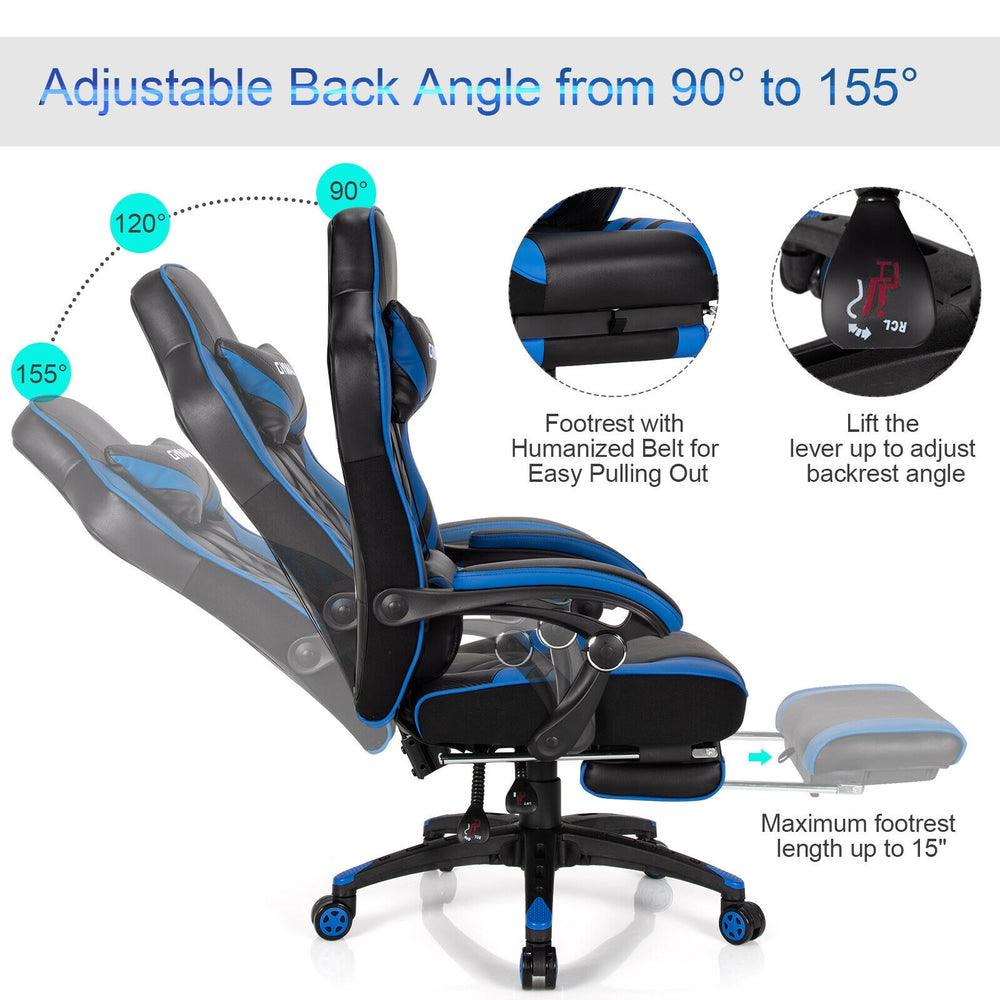 Adjustable gaming chair in blue with footrest, 90°-155° backrest, ergonomic design for home office comfort.