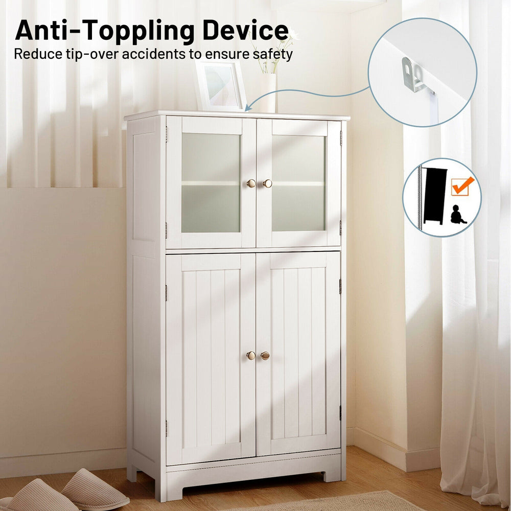 White bathroom floor storage locker with adjustable shelf, glass doors, and anti-toppling device for safety and.