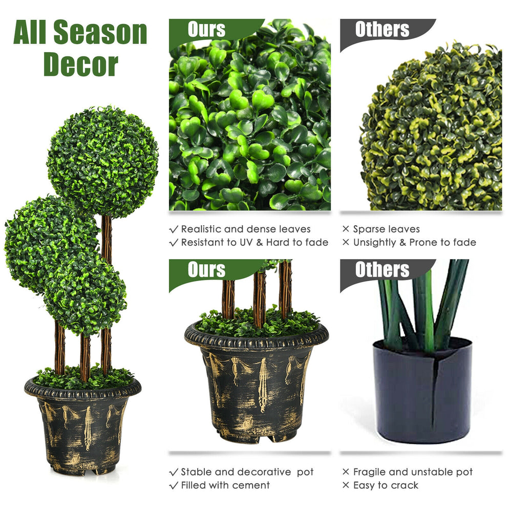 36-inch artificial topiary triple ball tree with dense PE leaves and cement-filled pot, perfect for indoor and outdoor.